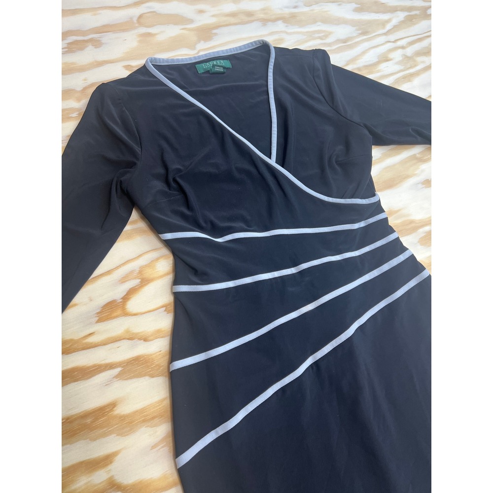 Lauren Ralph Lauren Black White Faux Wrap Sheath Dress Long Sleeve Size 4 - Picture 2 of 6